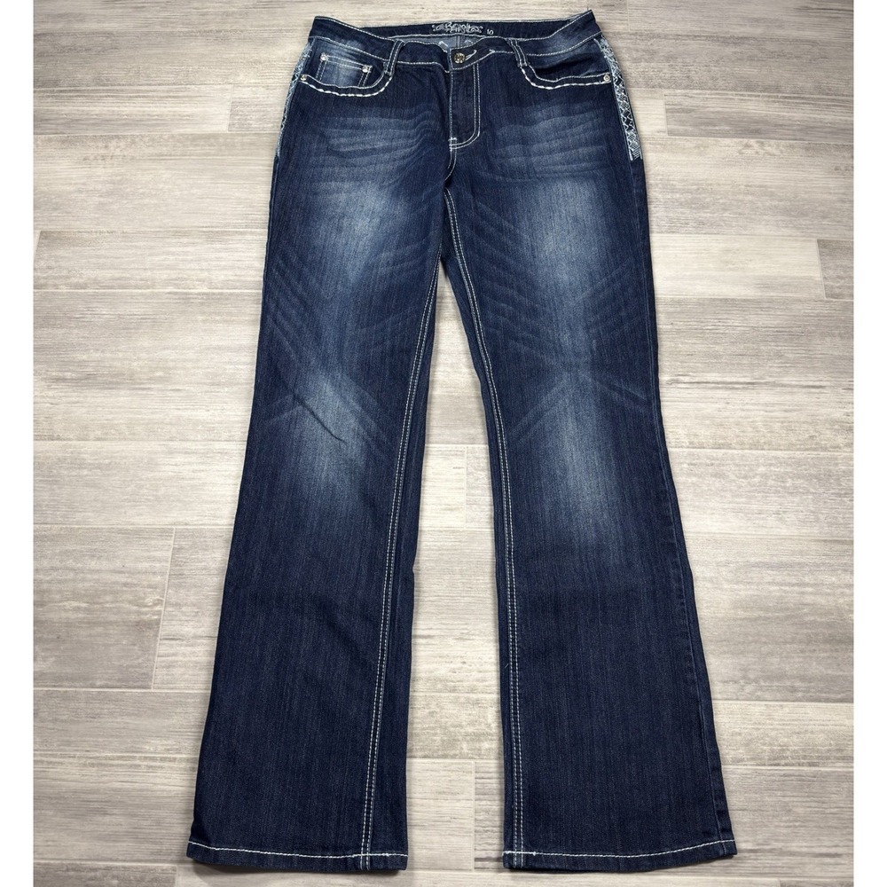 Revolt Jeans Bootcut Women's Size 10 Blue Mid Rise Dark Wash Cross Embroidered